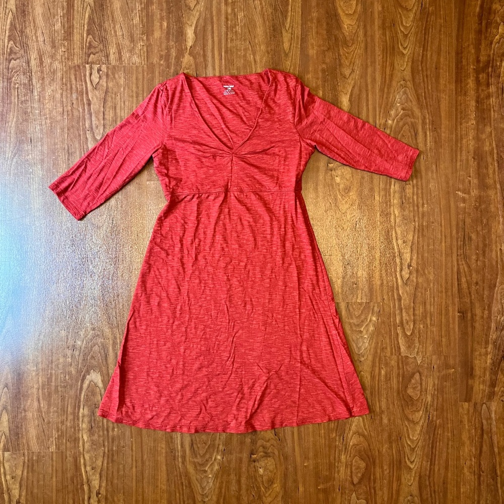 Horny Toad Midi Dress Size Small 3/4 Sleeve Red Knit V-Neck Dress Active wear